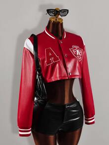 Amplova Women's PU Colorblock Letter Print Cropped Jacket - Red - View 11