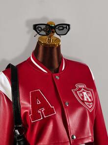 Amplova Women's PU Colorblock Letter Print Cropped Jacket - Red - View 9