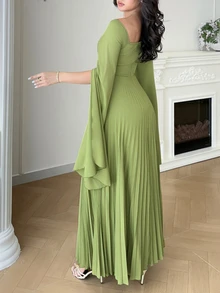 Feyla Women's Square Neck Solid Color Pleated Split Long Sleeve Elegant Romantic Dress Wedding Dinner Formal Sage Green Autumn - Green - View 4