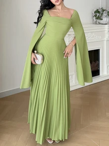 Feyla Women's Square Neck Solid Color Pleated Split Long Sleeve Elegant Romantic Dress Wedding Dinner Formal Sage Green Autumn - Green - View 7