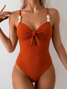 SHEIN Swim 女士纯色纹理面料串珠装饰性感连体泳衣，适合海滩度假 - 棕色 - 查看 1