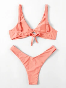 Swim Basics Set Baju Renang Bikini Wanita Musim Panas Warna Polos Model Twist, Warna Coral Peach - Coral Pink - View 2
