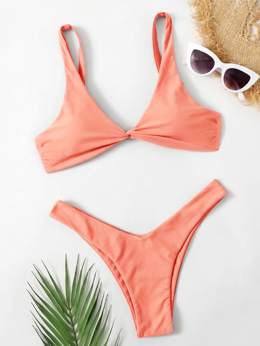 Swim Basics Set Baju Renang Bikini Wanita Musim Panas Warna Polos Model Twist, Warna Coral Peach - Coral Pink - View 1
