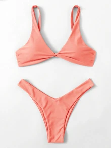 Swim Basics Set Baju Renang Bikini Wanita Musim Panas Warna Polos Model Twist, Warna Coral Peach - Coral Pink - View 4