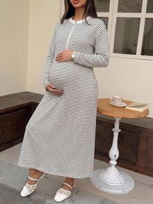Dazy Maternity Color Block Patchwork Round Neck Casual Loose Short Sleeve Long Maternity Dress For Spring And Summer - White - View 4