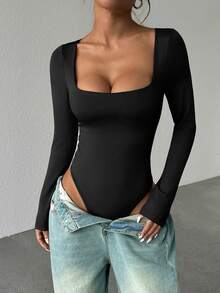 StreetHx Women's Brown Long Sleeve Bodysuit, Slim Fit & Figure Flattering, Simple & Versatile For Commuting Fall Cloth For Women - Black - View 3