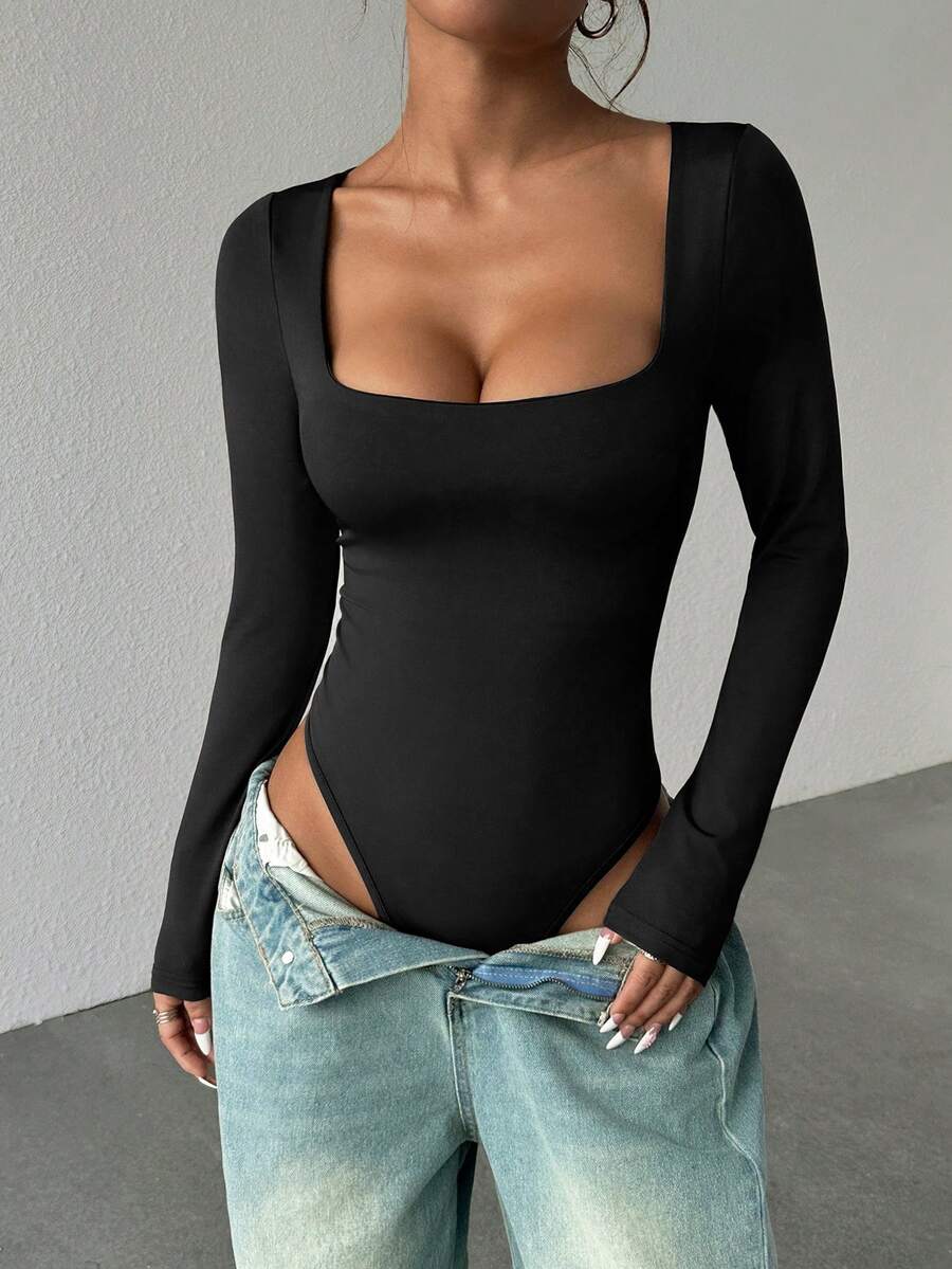 StreetHx Women's Brown Long Sleeve Bodysuit, Slim Fit & Figure Flattering, Simple & Versatile For Commuting Fall Cloth For Women - Black - View 1