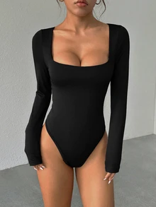 StreetHx Women's Brown Long Sleeve Bodysuit, Slim Fit & Figure Flattering, Simple & Versatile For Commuting Fall Cloth For Women - Black - View 4