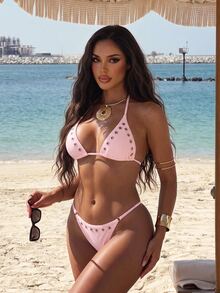 SHEIN Swim Springbreak 女款夏季鉚釘性感派對音樂節休閒極簡度假海灘鏤空綁帶掛脖比基尼泳衣套裝 2件組，適合度假海灘出遊 - 粉色 - 查看 4