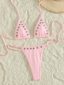 SHEIN Swim Springbreak 女款夏季鉚釘性感派對音樂節休閒極簡度假海灘鏤空綁帶掛脖比基尼泳衣套裝 2件組，適合度假海灘出遊 - 粉色 - 查看 5