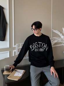Claim Dot Men's Casual Oversized Faux Pearl Letter & Number Graphic Pullover Sweater Back To School - Black - View 3