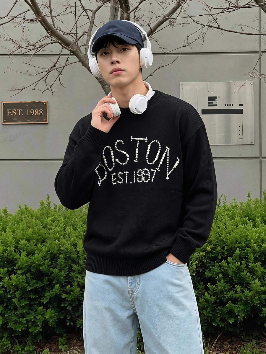 Claim Dot Men's Casual Oversized Faux Pearl Letter & Number Graphic Pullover Sweater Back To School - Black - View 1