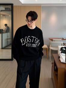 Claim Dot Men's Casual Oversized Faux Pearl Letter & Number Graphic Pullover Sweater Back To School - Black - View 4