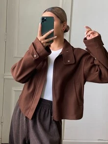 DAZY Women's Autumn Lapel Zipper Long Sleeve Brown Minimalist Casual Short Overcoat - Coffee Brown - View 6