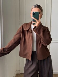 DAZY Women's Autumn Lapel Zipper Long Sleeve Brown Minimalist Casual Short Overcoat - Coffee Brown - View 5