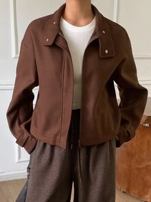 DAZY Women's Autumn Lapel Zipper Long Sleeve Brown Minimalist Casual Short Overcoat - Coffee Brown - View 7