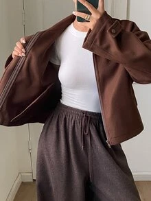 DAZY Women's Autumn Lapel Zipper Long Sleeve Brown Minimalist Casual Short Overcoat - Coffee Brown - View 4