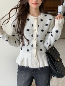 DAZY Women's Round Neck Polka Dot Long Sleeve Fitted Elegant Sweater Fall Winter - White - View 6