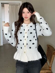 DAZY Women's Round Neck Polka Dot Long Sleeve Fitted Elegant Sweater Fall Winter - White - View 2