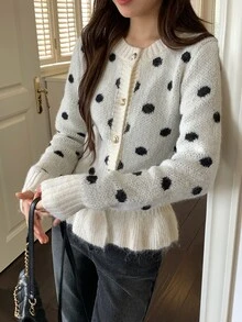 DAZY Women's Round Neck Polka Dot Long Sleeve Fitted Elegant Sweater Fall Winter - White - View 5