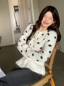 DAZY Women's Round Neck Polka Dot Long Sleeve Fitted Elegant Sweater Fall Winter - White - View 3