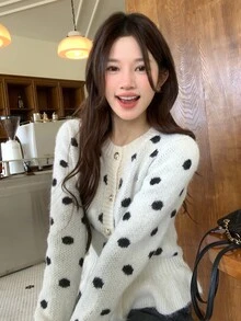 DAZY Women's Round Neck Polka Dot Long Sleeve Fitted Elegant Sweater Fall Winter - White - View 8