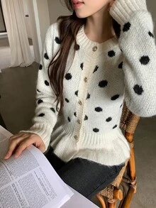 DAZY Women's Round Neck Polka Dot Long Sleeve Fitted Elegant Sweater Fall Winter - White - View 7