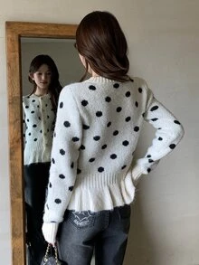 DAZY Women's Round Neck Polka Dot Long Sleeve Fitted Elegant Sweater Fall Winter - White - View 4