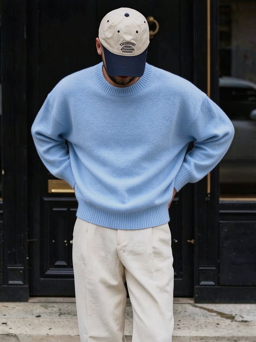Claim Dot Men's Solid Color Crew Neck Drop Shoulder Long Sleeve Casual Versatile Sweater - Blue - View 1