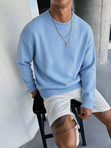 Claim Dot Men's Solid Color Crew Neck Drop Shoulder Long Sleeve Casual Versatile Sweater - Blue - View 3