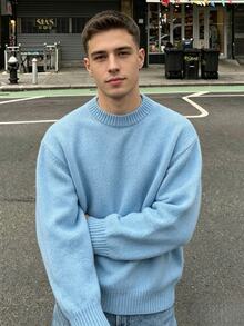 Claim Dot Men's Solid Color Crew Neck Drop Shoulder Long Sleeve Casual Versatile Sweater - Blue - View 6