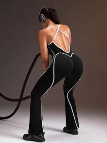 Powerista Women's Black And White Contrast Color Strap Backless Flare Leg Jumpsuit - Black - View 1
