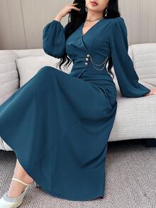 Feyla 女士优雅纯色灯笼袖连衣裙 - 藍色 - 查看 5