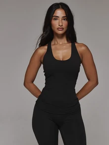 Musera Sport Scoop Neck Padded Bust Racer Back Logo Fitted Active Top Sport Essentials Basics Gym Workout Autumn Fall Winter - Black - View 2