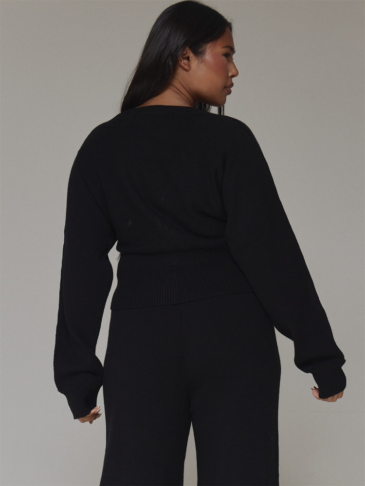 MUSERA Plus Size Black Knit Long Sleeve V Neck Cardigan Spring Summer Casual Everyday Day Outfit Going Out - Black - View 5