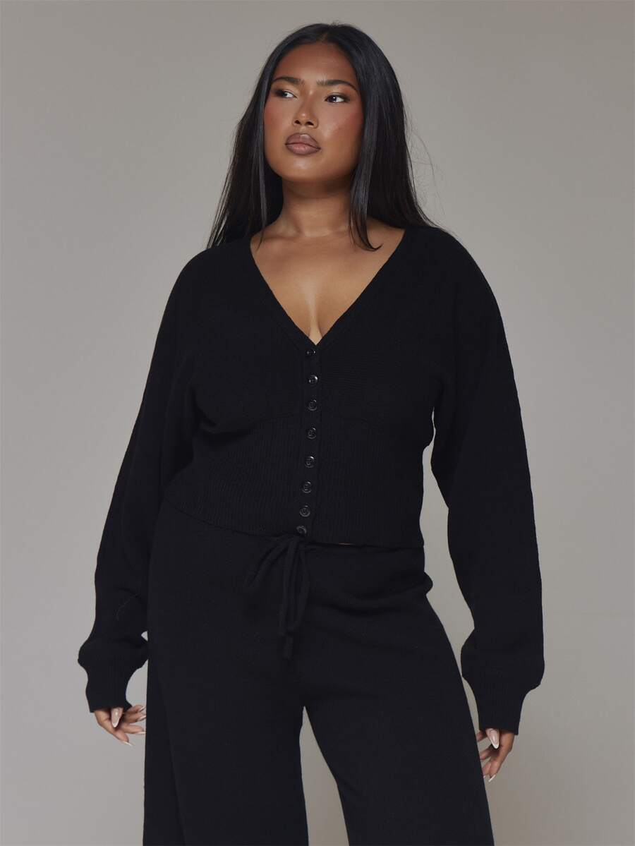 MUSERA Plus Size Black Knit Long Sleeve V Neck Cardigan Spring Summer Casual Everyday Day Outfit Going Out - Black - View 1