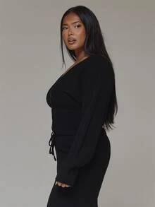 MUSERA Plus Size Black Knit Long Sleeve V Neck Cardigan Spring Summer Casual Everyday Day Outfit Going Out - Black - View 4