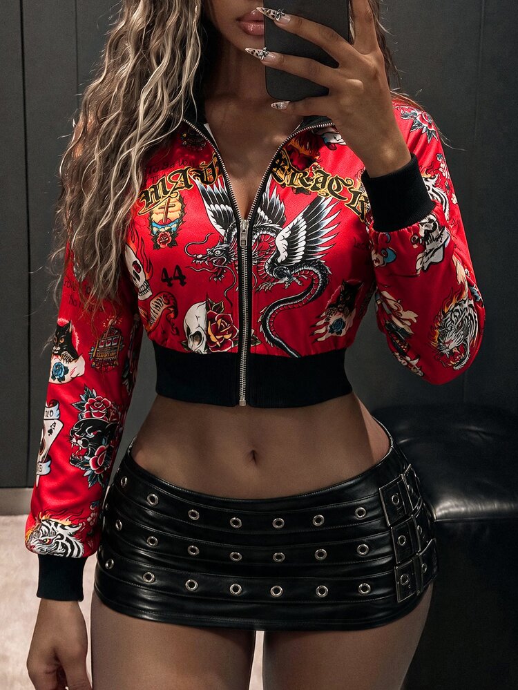 Amplova Halloween Pattern Style Full-Print Front And Center Zipper Shortened Sexy Campus Party Event Street Style Lady's Hoodie - Beige - View 1