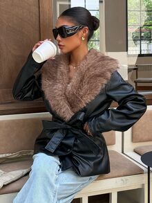 Muchica Women's New Autumn/Winter Black PU Fur Collar Patchwork Lapel Jacket For Going Out, Streetwear, Fall Winter 2026 - Black - View 5