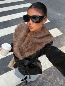 Muchica Women's New Autumn/Winter Black PU Fur Collar Patchwork Lapel Jacket For Going Out, Streetwear, Fall Winter 2026 - Black - View 7