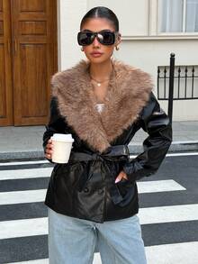 Muchica Women's New Autumn/Winter Black PU Fur Collar Patchwork Lapel Jacket For Going Out, Streetwear, Fall Winter 2026 - Black - View 3