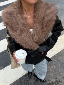 Muchica Women's New Autumn/Winter Black PU Fur Collar Patchwork Lapel Jacket For Going Out, Streetwear, Fall Winter 2026 - Black - View 4