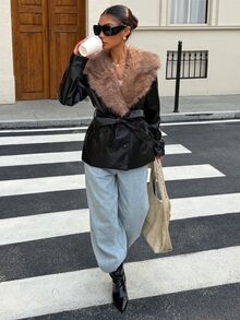 Muchica Women's New Autumn/Winter Black PU Fur Collar Patchwork Lapel Jacket For Going Out, Streetwear, Fall Winter 2026 - Black - View 6