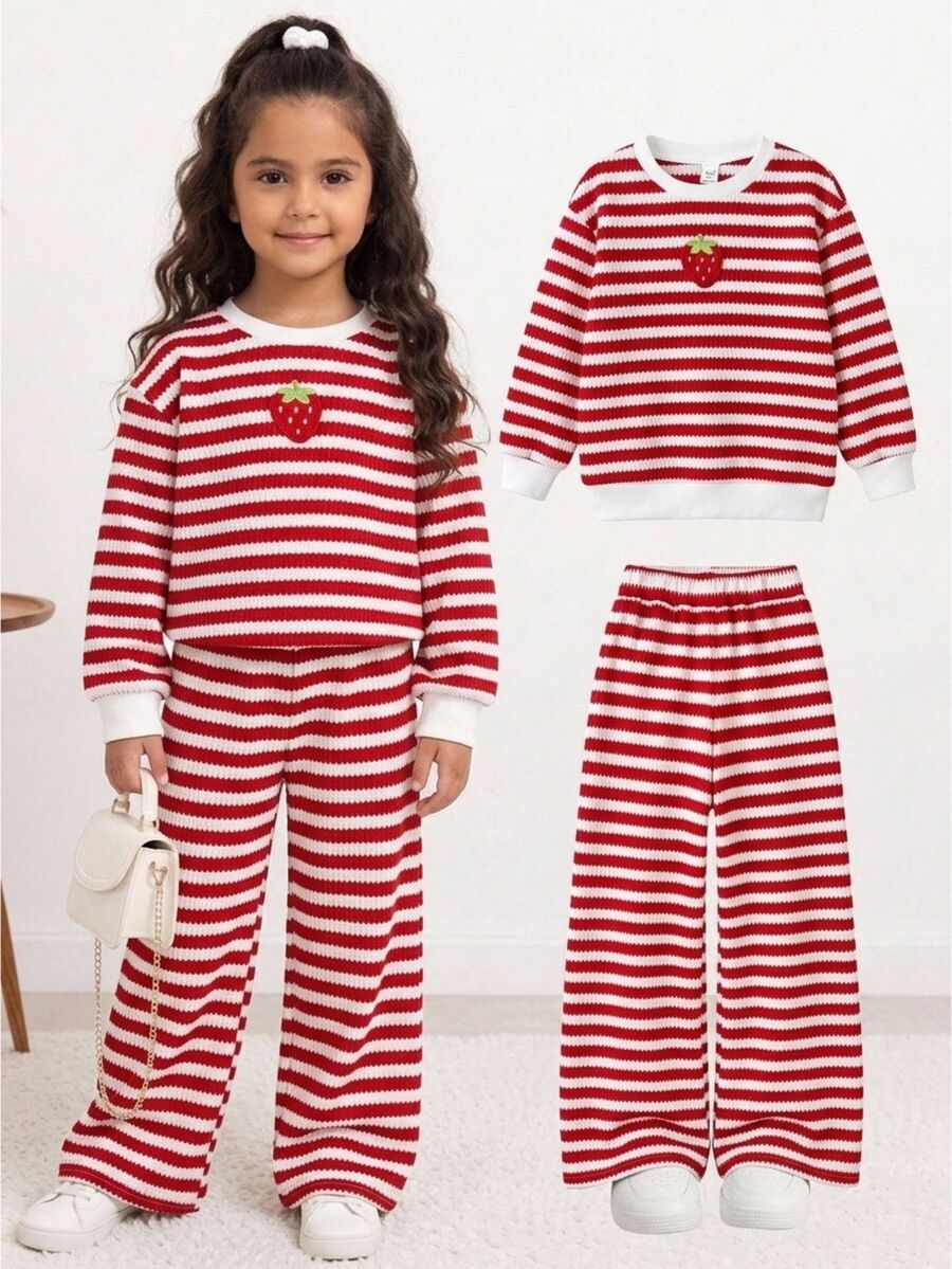 Young Girl Kids Playful Casual Versatile Fashion Strawberry Striped Long Sleeve Sweatshirt And Pants 2 Pieces Set,Fall,Fall Style,Autumn/Winter,Pull - Red - View 1