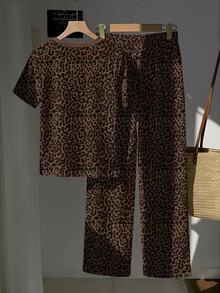 Comfortcana Round Neck Short Sleeve Top With Striped Print Long Pants - Suitable For Casual, Streetwear And Vacation Wear Brown/Autumn Style Plus Size 2-Piece Set - Multicolor - View 2
