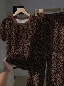 Comfortcana Round Neck Short Sleeve Top With Striped Print Long Pants - Suitable For Casual, Streetwear And Vacation Wear Brown/Autumn Style Plus Size 2-Piece Set - Multicolor - View 6