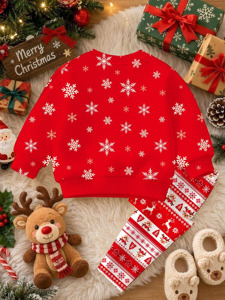 Merry Christmas, Baby Girl Casual Cute Adorable Cartoon Christmas Reindeer Pattern, Snowflake Plaid, Christmas Red Festive Soft Thick Crew Neck Long Sleeve Sweatshirt & Leggings, Suitable For Autumn/Winter Baby Festive Xmas Wear, Cute - Multicolor - View 4