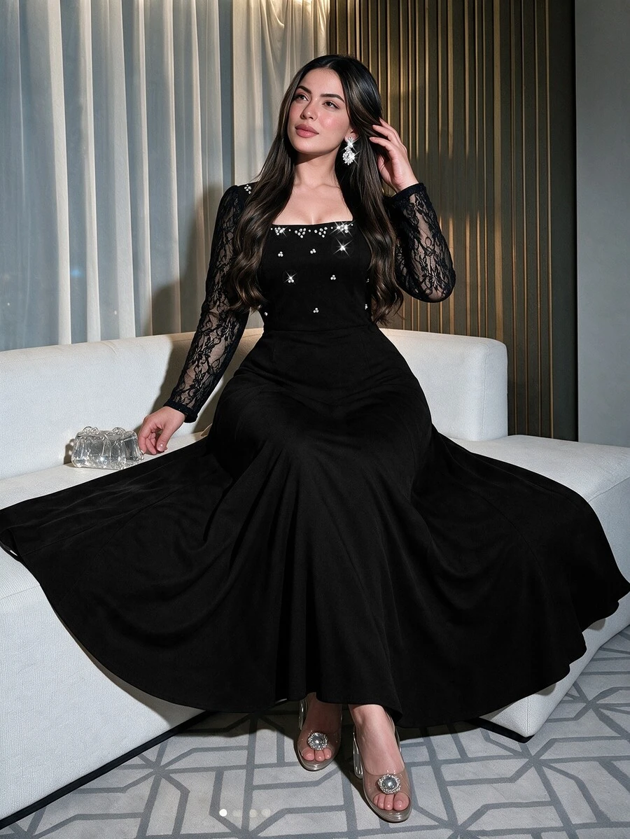 Modelyn Gaun Wanita Ukuran Besar Warna Hitam Leher Persegi Berhiaskan Bordir Rhinestone Lengan Panjang Model A-Line Pas Badan Panjang Hingga Lantai, Gaun Formal untuk Tamu Pernikahan Musim Gugur, Gaun Malam Formal - Hitam - View 1