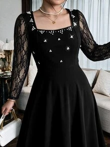 Modelyn Gaun Wanita Ukuran Besar Warna Hitam Leher Persegi Berhiaskan Bordir Rhinestone Lengan Panjang Model A-Line Pas Badan Panjang Hingga Lantai, Gaun Formal untuk Tamu Pernikahan Musim Gugur, Gaun Malam Formal - Hitam - View 5