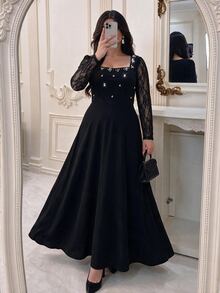 Modelyn Gaun Wanita Ukuran Besar Warna Hitam Leher Persegi Berhiaskan Bordir Rhinestone Lengan Panjang Model A-Line Pas Badan Panjang Hingga Lantai, Gaun Formal untuk Tamu Pernikahan Musim Gugur, Gaun Malam Formal - Hitam - View 4